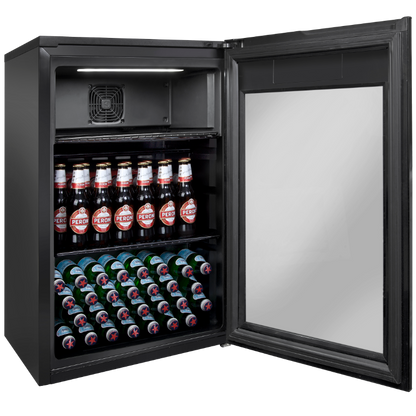 Artusi - Single Door Bar Fridge - Open Middle and Bottom Shelf Full - Angled View