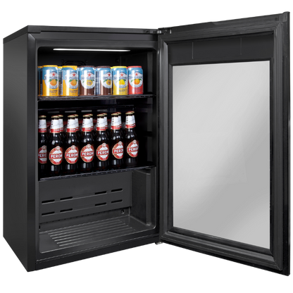 Artusi - Single Door Bar Fridge - Open Middle and top shelf full - Angled View