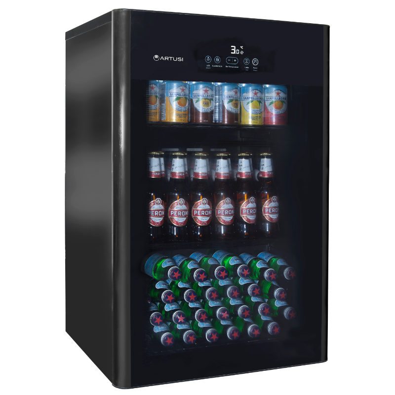 Artusi - Single Door Bar Fridge - Closed and Full Angled View