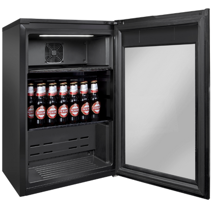 Artusi - Single Door Bar Fridge - Open - Middle Shelf Full - Angled View]