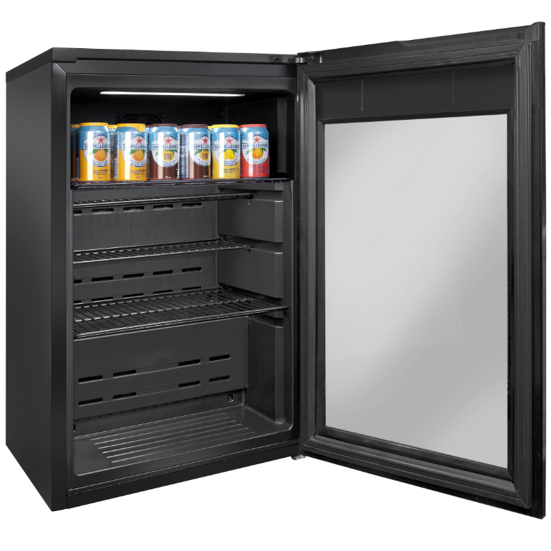 Artusi - Single Door Bar Fridge - Open - Top Shelf Full - Angled View