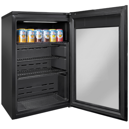 Artusi - Single Door Bar Fridge - Open - Top Shelf Full - Angled View