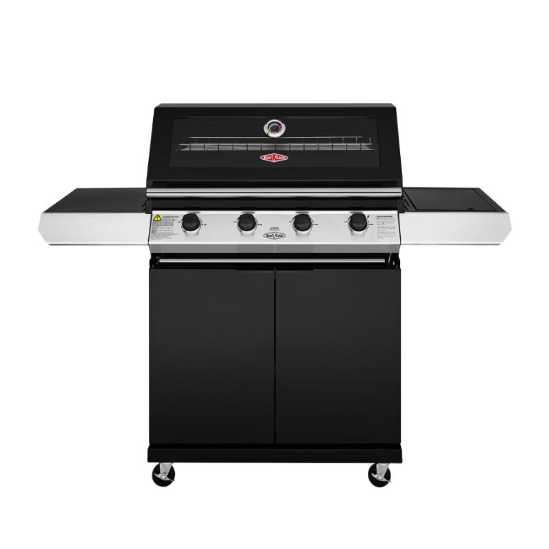 Beefeater - 1200 Series Black Enamel 4 Burner BBQ & Trolley w/ Side Burner, Cast Iron Burners & Grills